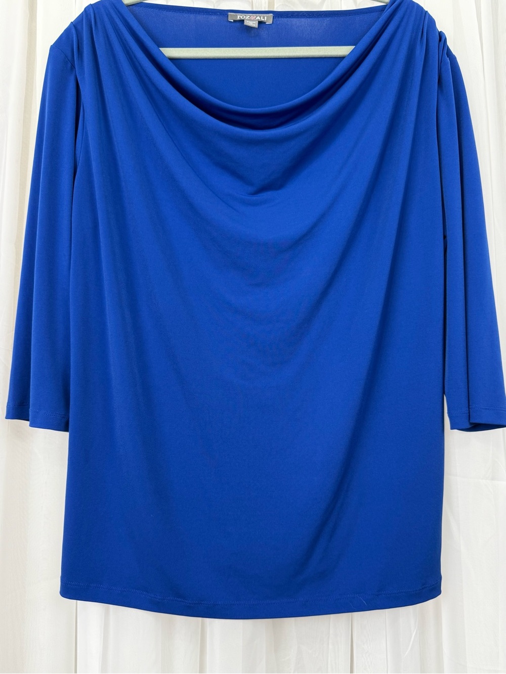 Roz & Ali 1X Blue Draped Neck Top 3/4 Sleeve Stretch Blouse